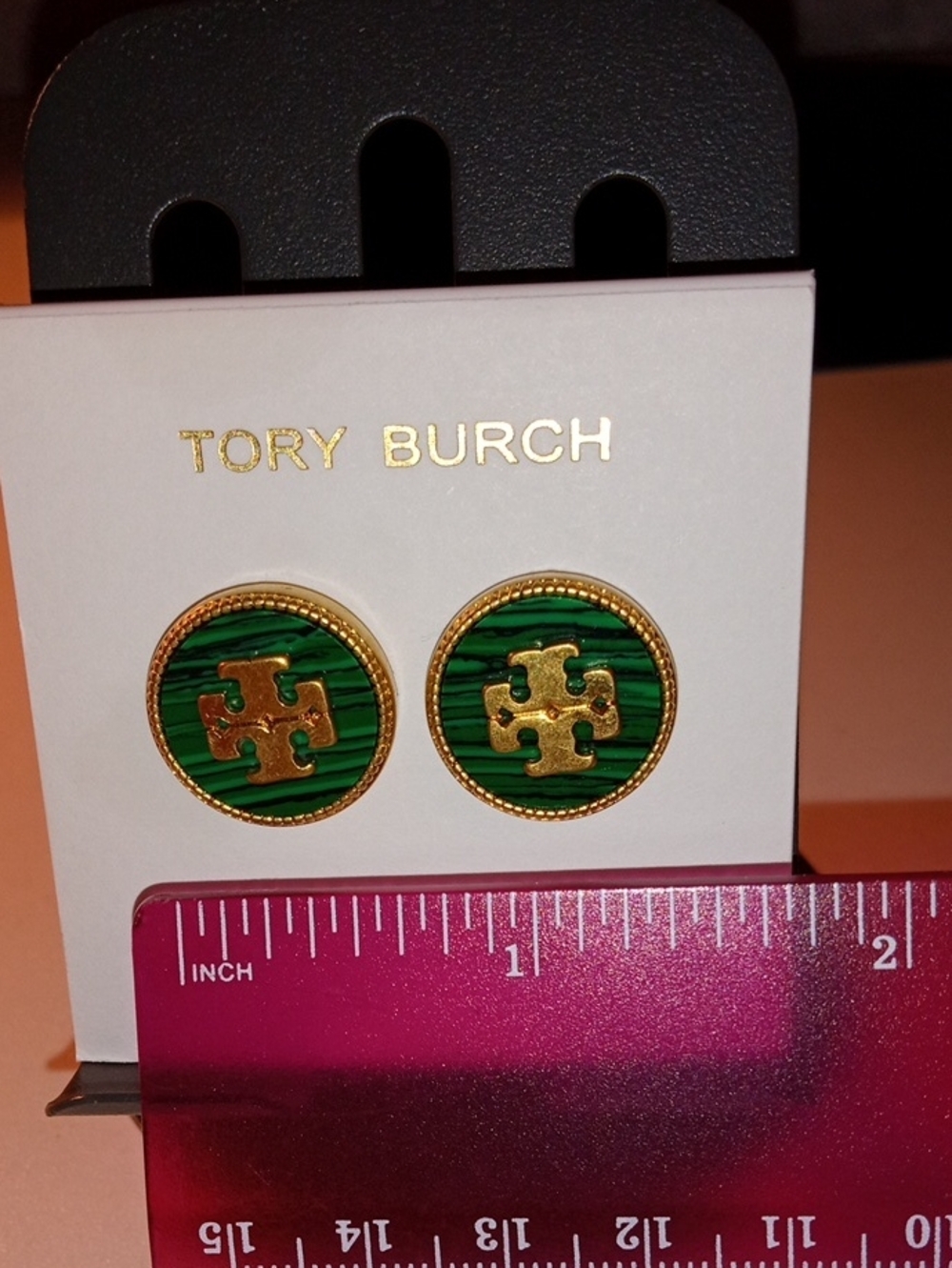 Tory Burch Green Enamel and Gold Logo Round Stud Earrings - Picture 3 of 5